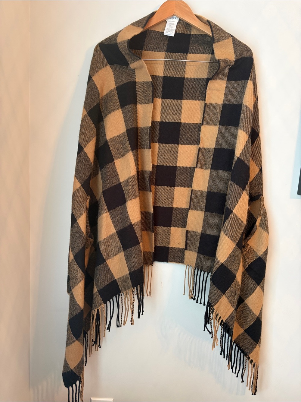 J. Crew Black and Camel Plaid, Buffalo Check, Fringe Cape Shawl Poncho